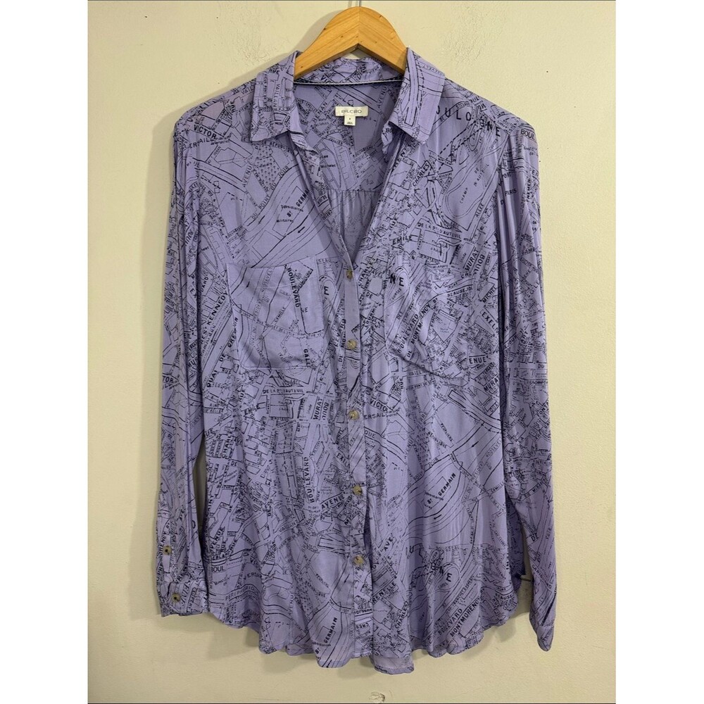 Pilcro Womens Purple Viscose Map Print Button-Up Shirt Long Sleeve size S Cute
